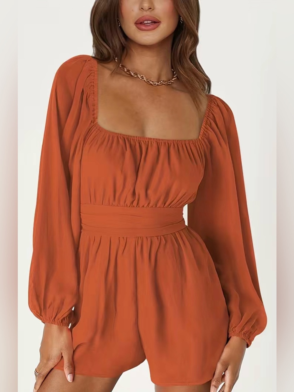 Boho Chic Long-Sleeve Rust Women's shorts Romper